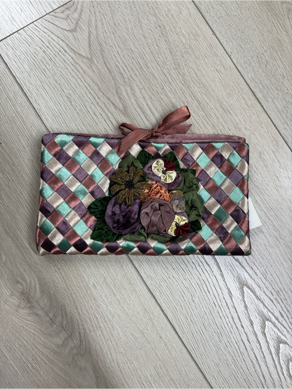 Antique 1920s Floral Beaded Appliqué Woven Satin Clutch in Purple Multi